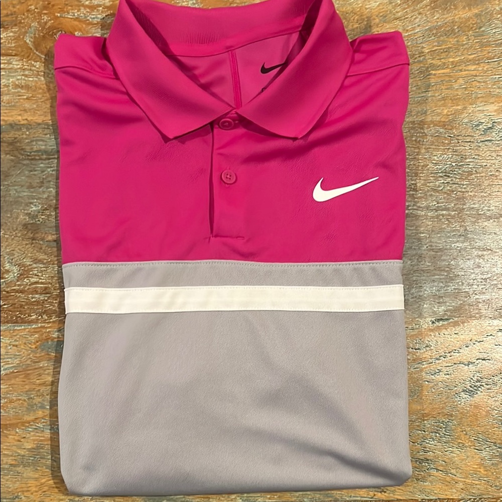 Nike men’s pink/gray sz M DRI-FIT golf polo, short sleeve